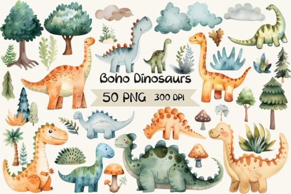 Download Boho Watercolor Dinosaurs Clipart - Boho watercolor Collection