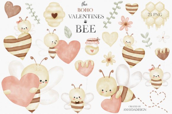 Download Bee My Valentine Boho Watercolor Clipart - Boho watercolor Collection