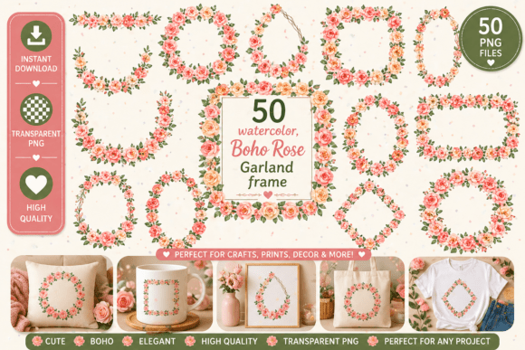 Download 50 Boho Watercolor Rose Garland Frames - Boho watercolor Collection