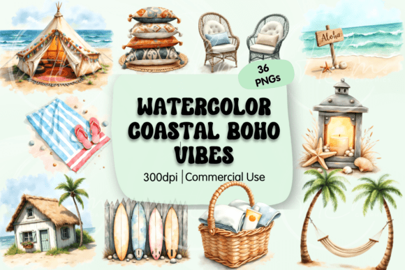 Download Coastal Boho Watercolor Clipart - Boho watercolor Collection
