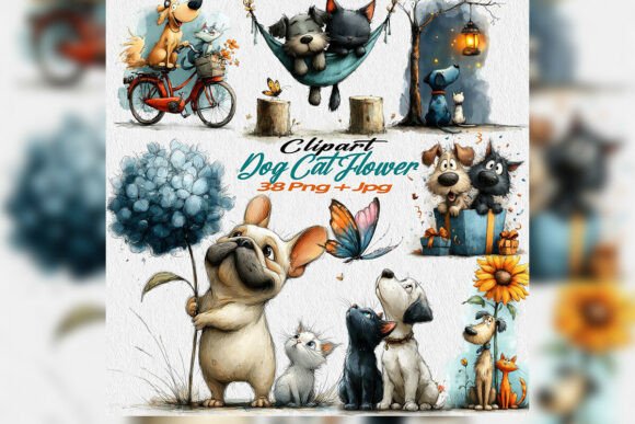Download Whimsical Dog Cat Flower Clipart PNG Set - Whimsical Collection