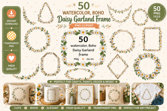 Download 50 Boho Watercolor Daisy Garland Frames - Boho watercolor Collection