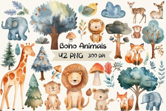 Download Boho Watercolor Animals with Trees - Boho watercolor Collection
