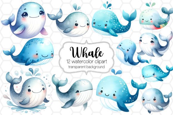 Download 12 Cute Whale Watercolor Clipart Bundle - Cute whale Collection